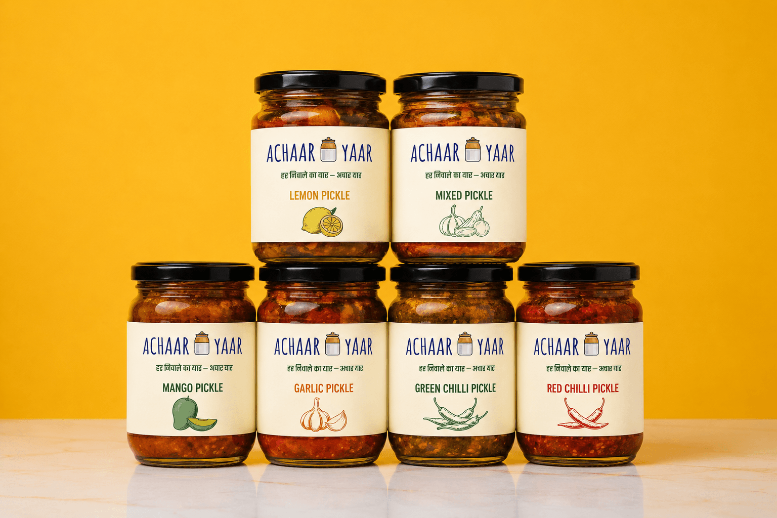 Achaar Yaar pickle jars — mango, lemon, garlic, green chilli, red chilli and mixed pickle