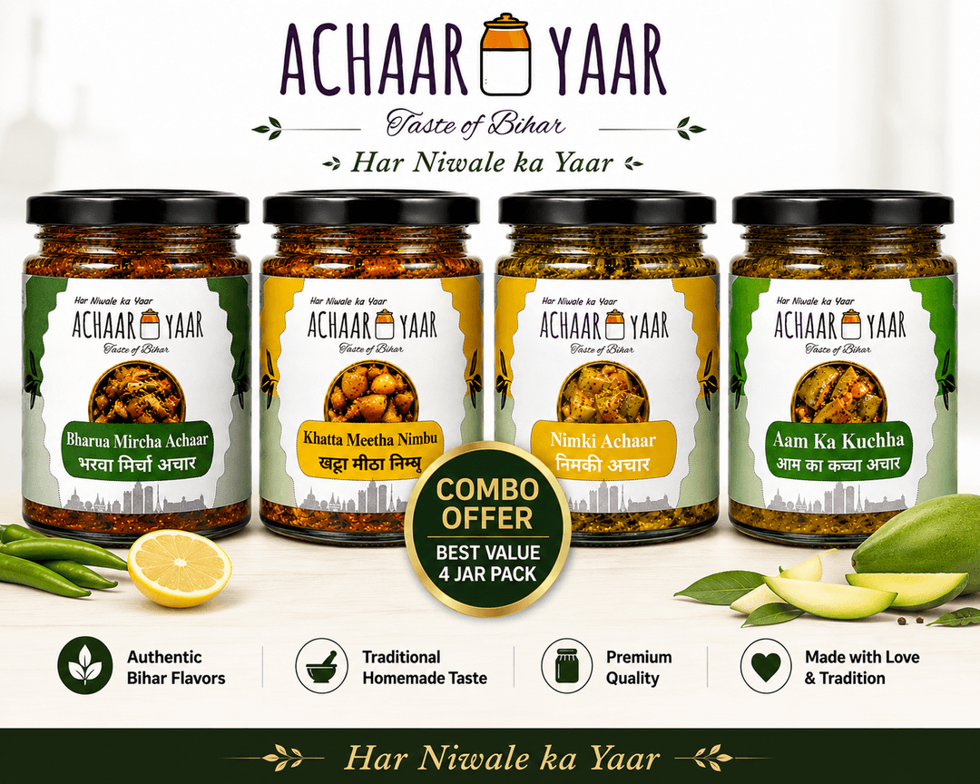Swad-e-Bihar Collection - Bharwa Mircha Achaar, Nimki Achaar, Aam Ka Kuchha and Khatta Meetha Nimbu β 4 Jar Combo