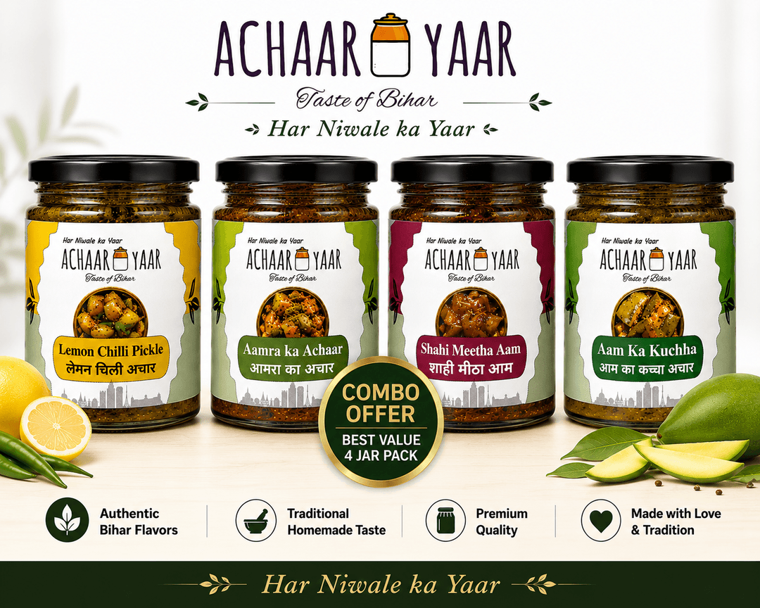 Chaar Swad Collection β Lemon Chilli Pickle, Aamra Ka Achaar, Aam Ka Kuchha and Shahi Meetha Aam - 4 Jar Combo